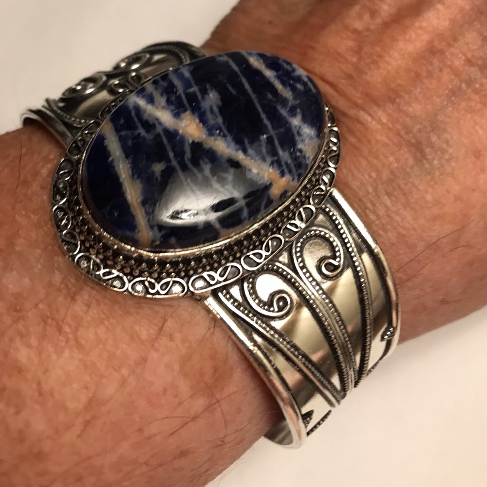 Sodalite Stamped Solid 925 Sterling Silver Cuff Bracelet